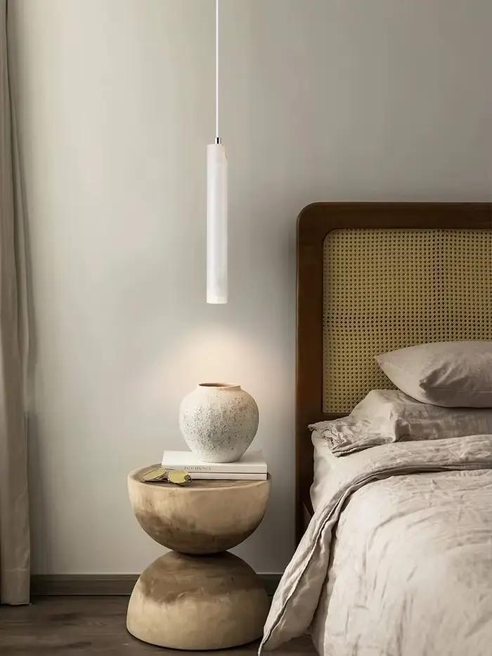 Lampe à pendentif LED à Tube Long, plafonnier en bois, Style japonais, vent silencieux, lustre de chevet de chambre à coucher, éclairage rétro moderne en travertin