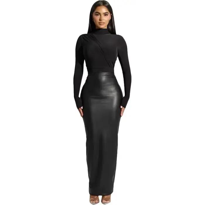 Jupe mi-longue en PU pour femme
