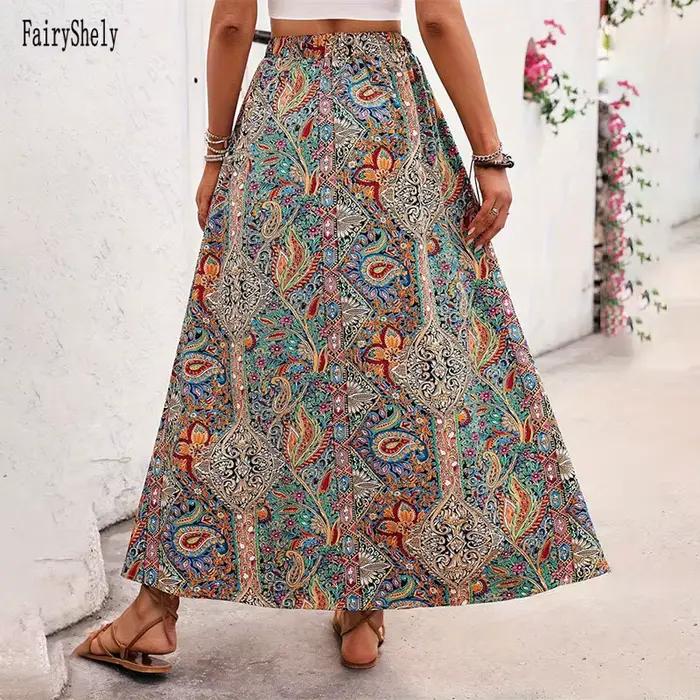 Jupe longue vintage bohème à imprimé ethnique pour femme