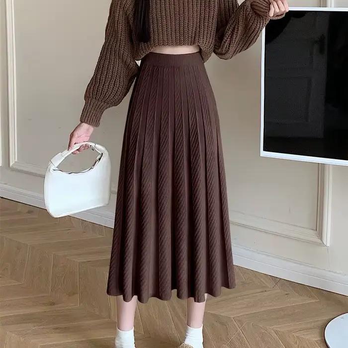 Demi-jupe tricotée à cent plis pour femme en automne et en hiver, longueur moyenne à longue, fine et élégante