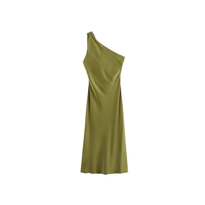 Robe longue élégante asymétrique en satin de soie, design tendance, style streetwear, taille haute, coupe ajustée, sexy, pour le quotidien