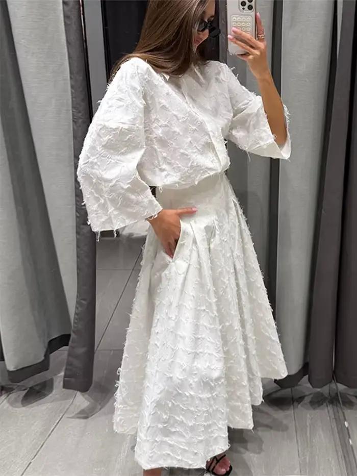 Élégant Franges Chemise Jupe Ensemble Femmes Demi Manches Revers Simple Boutonnage Chemises A-Ligne Jupes Longues Costume 2025 Été Dame Ensembles Moderne et Pratique Pour Femmes Occasions Spéciales