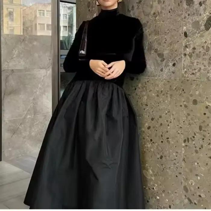 Robe en velours côtelé pour femmes junior bureau dame printemps été polyester silhouette lâche col en V décoration drapée légèrement extensible tour de taille naturel manche régulier coupe régulière pull mi-mollet
