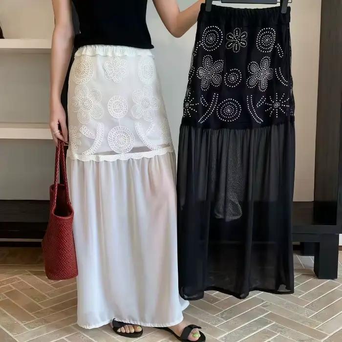 Jupe longue en maille et dentelle pour femme