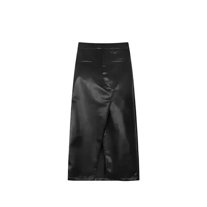 Jupe longue fendue en cuir PU noir taille haute pour femme