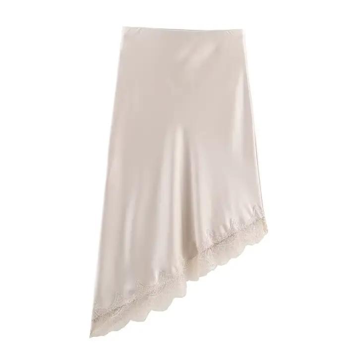 BSAY dentelle asymétrie Satin Texture jupe femmes mode automne hiver nouveau solide Chic femme taille haute jupes élégantes Mujer