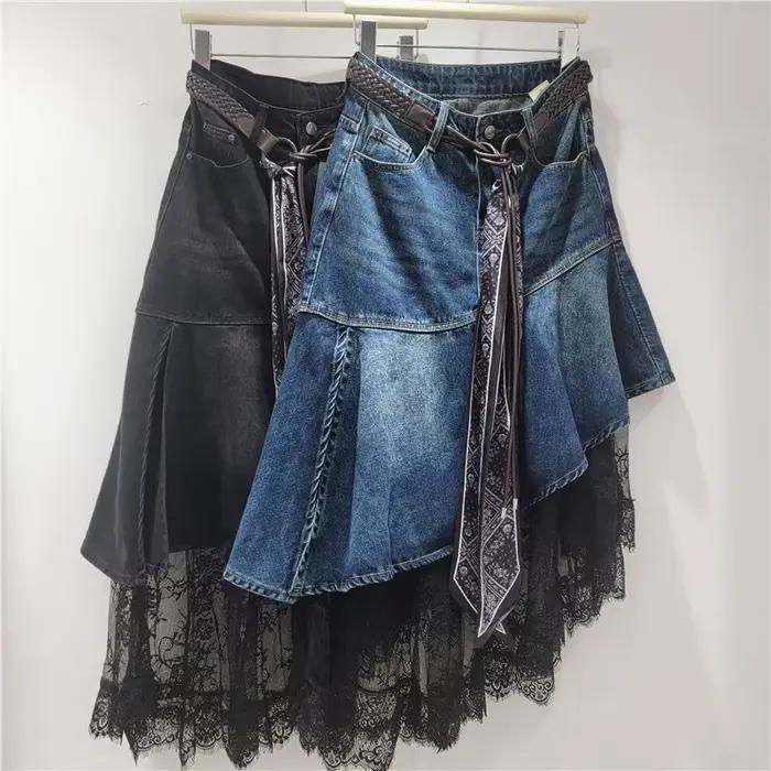 Jupe en jean pour femmes coupe trapèze taille haute avec volants et dentelle pour le travail style Y2K et streetwear occassions spéciales