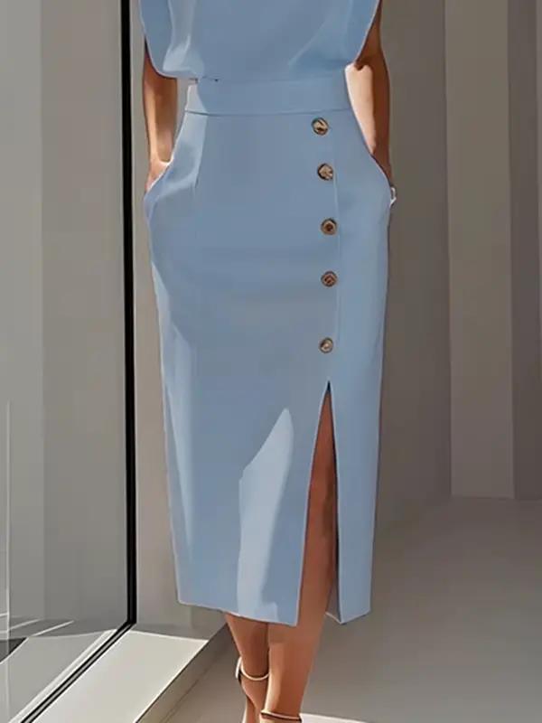 Krisstarsgirls jupe Midi élégante pour femmes 2025 été fendu-joint bureau travail fête anniversaire taille haute bouton
