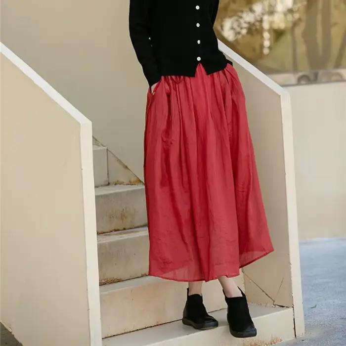 Jupe plissée A-Line pour femmes, mi-longue, décontractée, en coton et lin, polyvalente, pour été, avec poche, silhouette une ligne