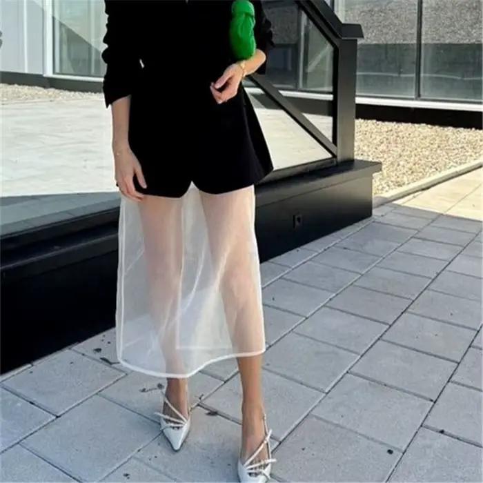Hirigin Jupe midi superposée en maille transparente pour femme