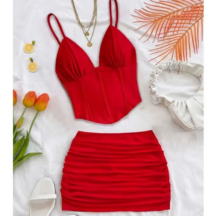 Ensemble jupe pour femme nouveauté été bretelles spaghetti col en V coupe ajustée mini-jupe sexy ensemble deux pièces tenues pour femmes plage occasions spéciales