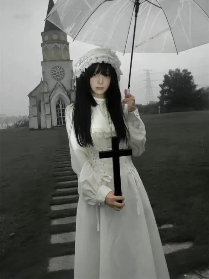 Robe gothique Lolita Y2K Mothybot en polyester avec dentelle et lacets pour femmes, coupe régulière, manches lanternes, fermeture éclair, longueur cheville, style rétro, occasions spéciales