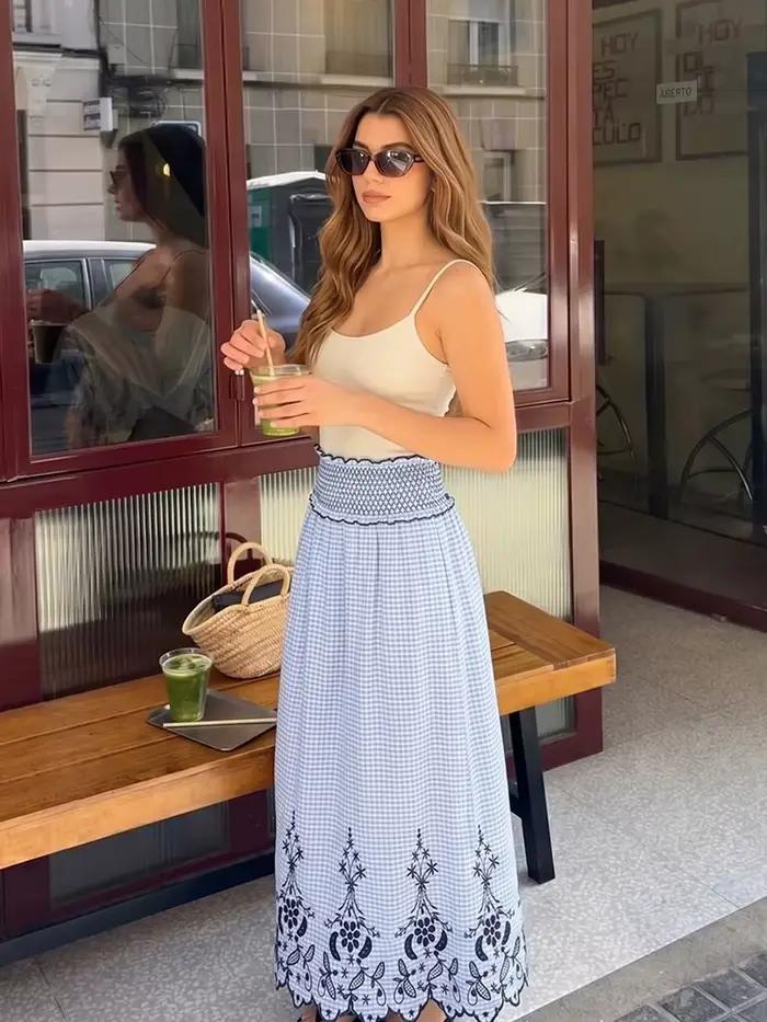 Jupe longue smockée à taille haute pour femme