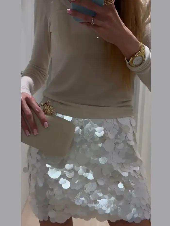 Jupe courte à sequins pour femme, polyester, coupe trapèze, taille haute, mini, collection Printemps Été 2026, plage, vacances