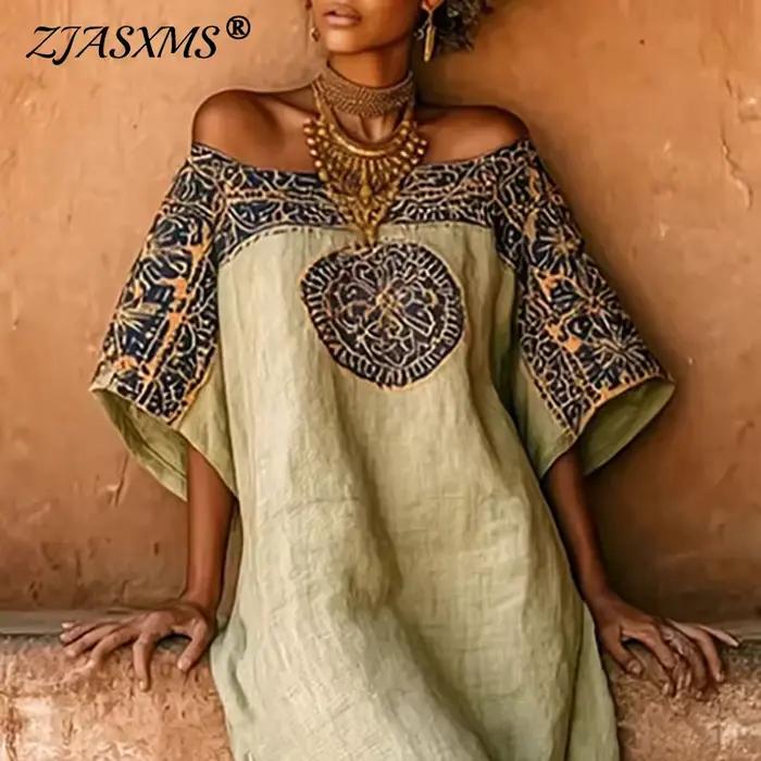 Robe longue ethnique sexy à épaules dénudées et découpes pour femme, imprimé géométrique, poches, coupe ample, maxi-robe décontractée pour le printemps et l'été, idéale pour les vacances