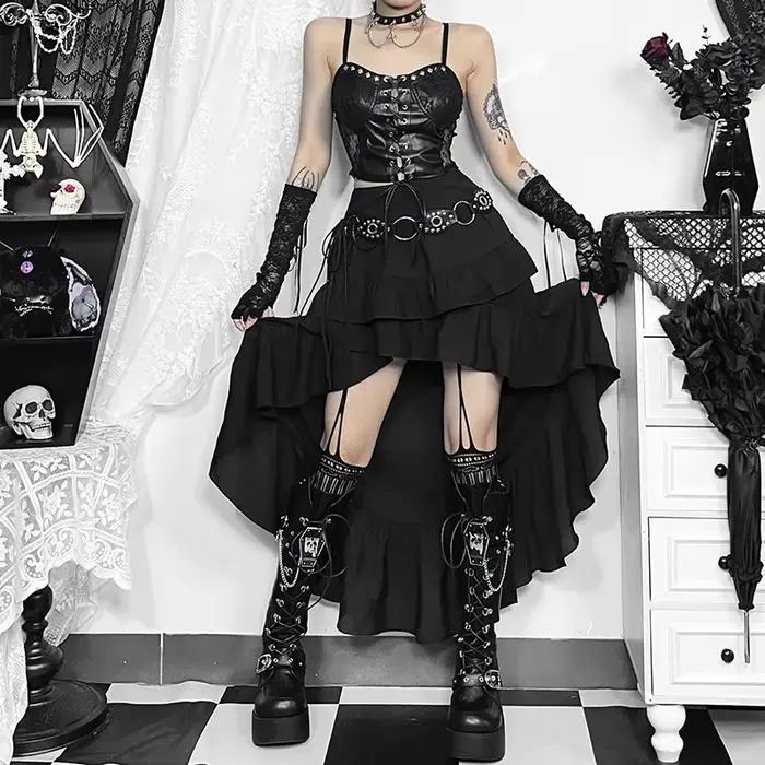 Jupe gothique Kawaii noir à plusieurs niveaux avec ourlet irrégulier pour femmes mode traînant années 90 rétro gothique alternative