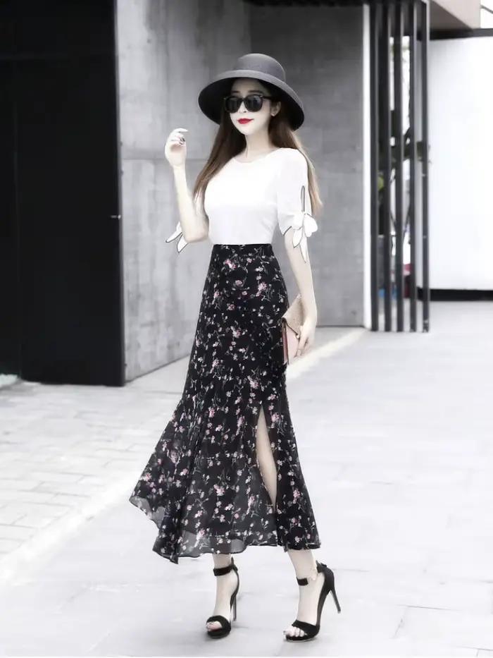 Jupe femme taille haute en mousseline de soie avec fente jupes