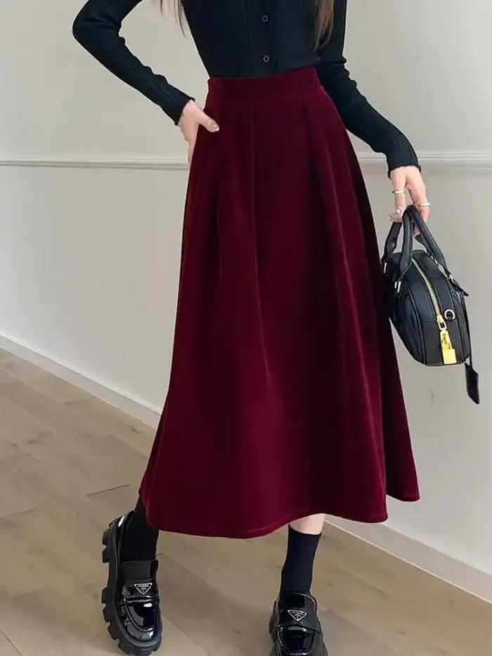 Jupe trapèze plissée en velours pour femme