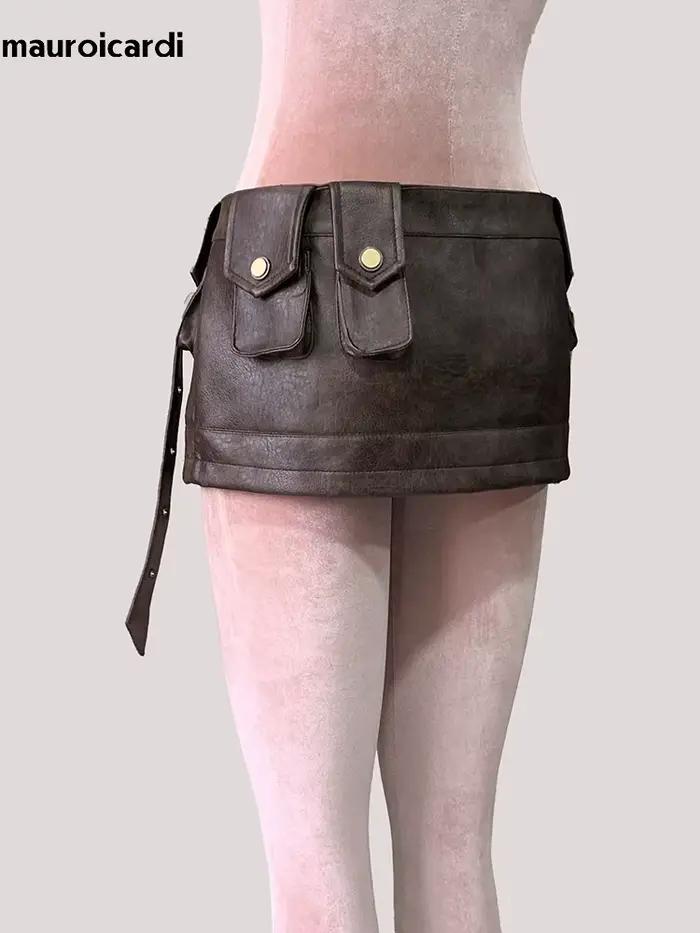 Mini jupe en cuir Pu marron pour femmes