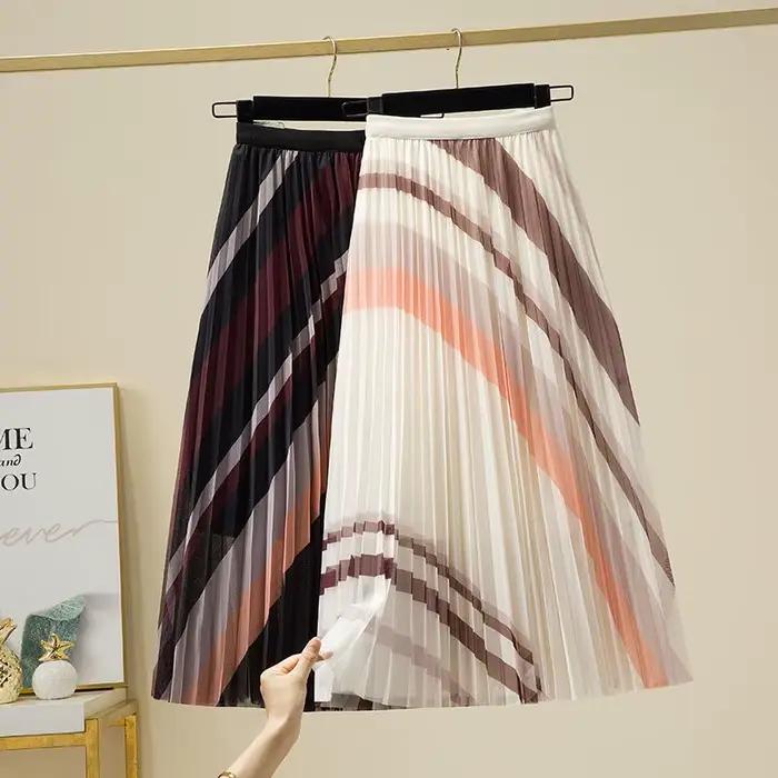 Jupe plissée à rayures et imprimé Patchwork