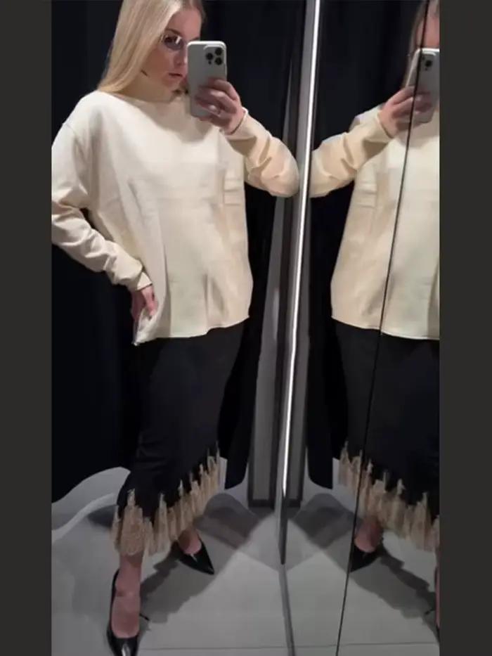 Jupe mi-longue noire pour femmes, ourlet en dentelle, ligne a, taille haute, Slim, printemps-automne, dîner, fêtes, correspondance quotidienne, 2026