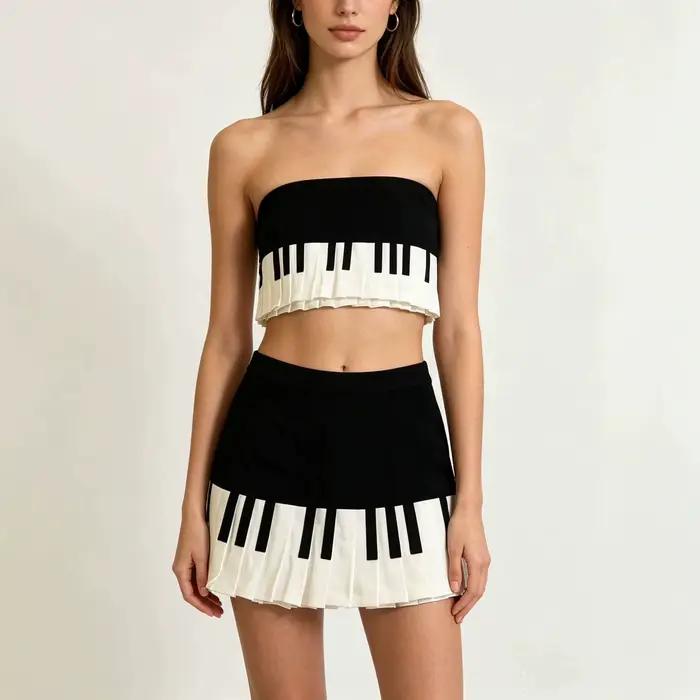 Jupe mi-longue ajustée à motif piano noir et blanc pour femme