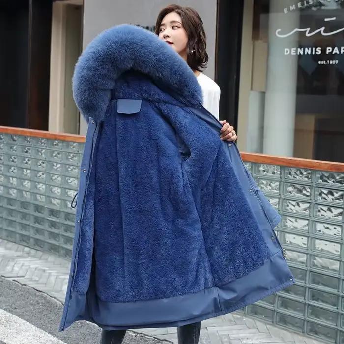 Veste d'hiver 2026, nouvelle parka pour femme, manteau long, doublure en laine, veste à capuche, col en fourrure, épaisse, chaude, vêtements de neige, parka rembourrée 6XL