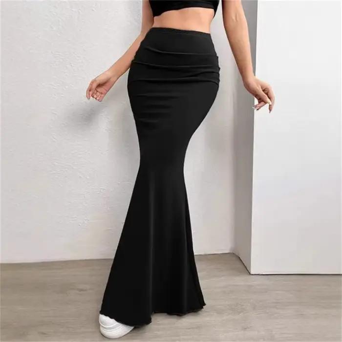Jupe longue moulante froncée noire sexy pour femme