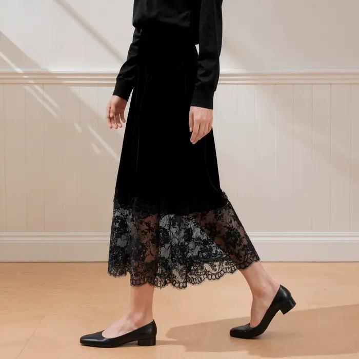 Jupe mi-longue en velours noir pour femme