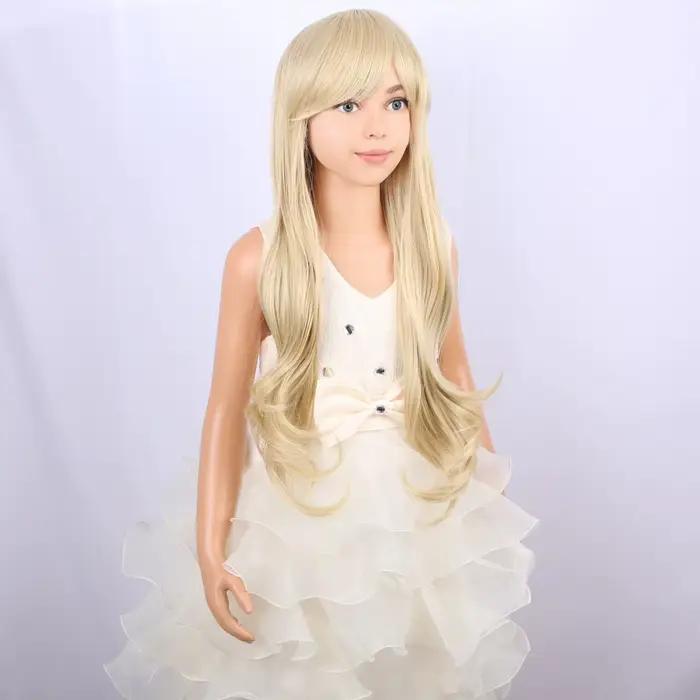 Perruque longue blonde ondulée pour enfants, perruque blonde avec frange pour filles, perruques longues blondes claires, perruque synthétique
