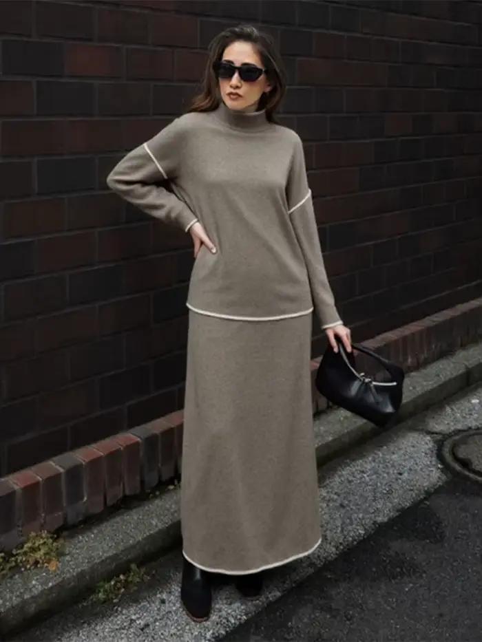 Ensemble pull Chic à col roulé et jupe longue pour femme