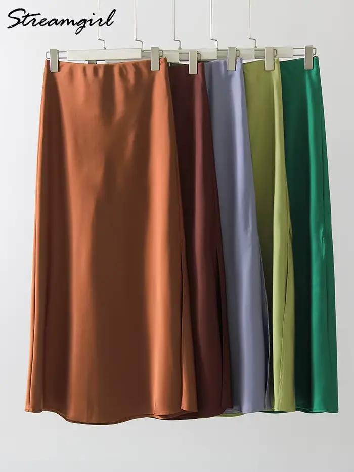 Jupe Longue Fendue en Satin Noir pour Femme Élégante Ligne A Bureau Printemps Été Occasions Spéciales Taille Empire Style Décontracté
