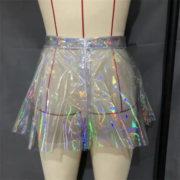 Femmes Sexy Transparent Mini jupe Club fête brillant irisé taille haute fermeture éclair plissé jupes évasées patineuse