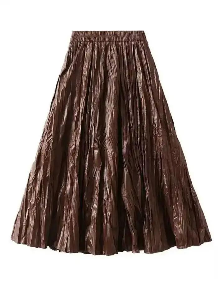 Jupe longue plissée en cuir PU pour femme