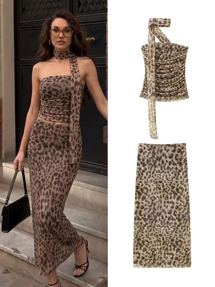 Ensemble jupe midi imprimée léopard HH pour femmes