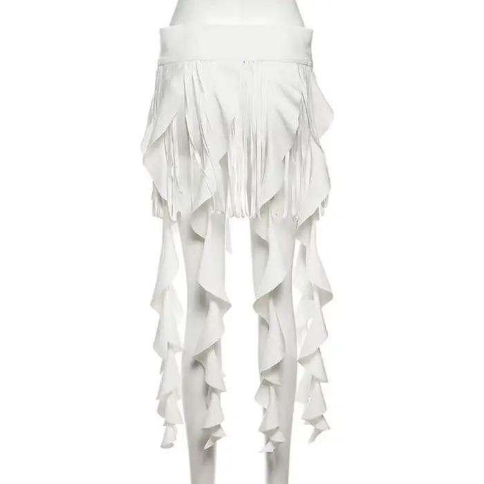 Mini-jupe irrégulière à volants et franges en polyester avec décoration en dentelle, ajustable, pour sorties nocturnes et soirées dansantes, disponible en beige et noir, taille S et M