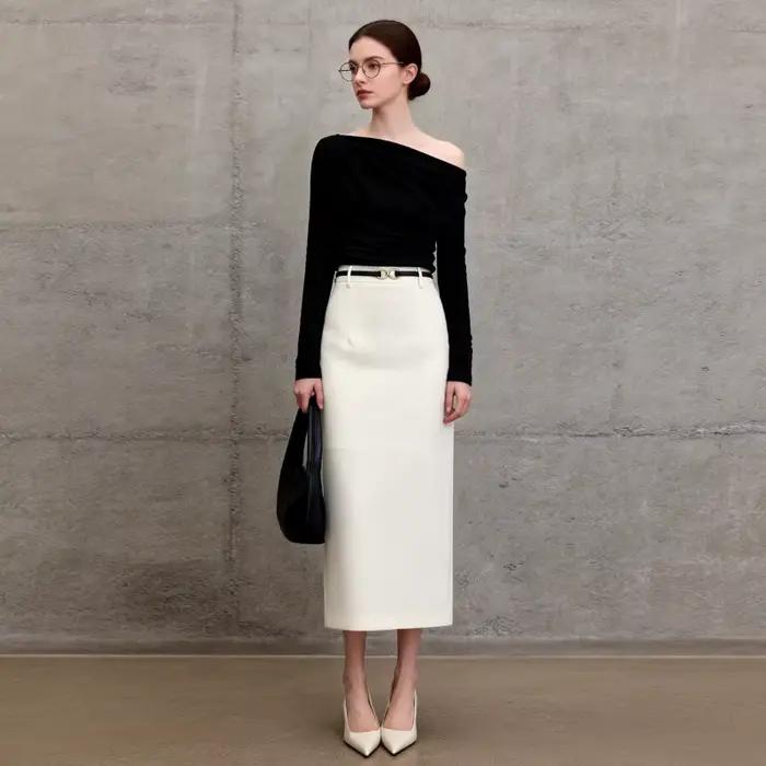 Jupes Midi Droites Élégantes Blanches Taille Haute pour Femmes 2026 Nouvelle Collection Noire OL Jupe Femme
