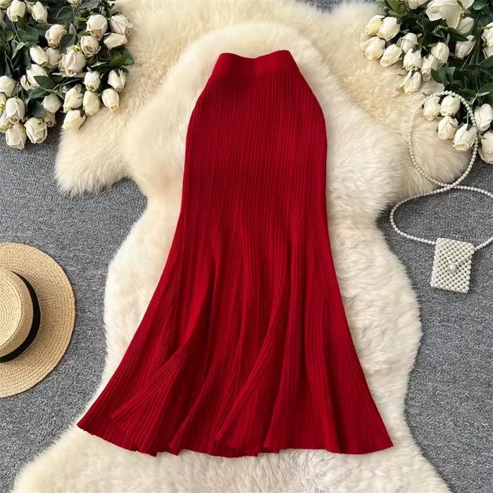 Jupe sirène tricotée française extensible, taille haute, chic et épais, pour femmes, automne hiver, tenue d'anniversaire, matériau coton polyester