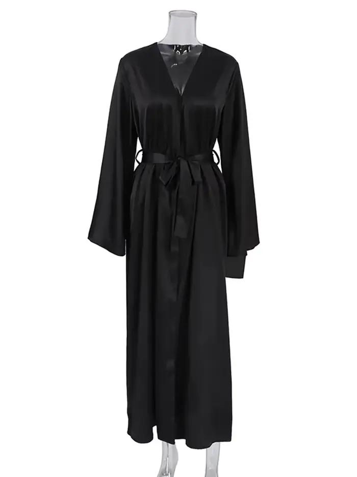 Robe de nuit en Satin blanc et noir pour femmes, Peignoir évasé à manches longues, Robe de mariée Sexy
