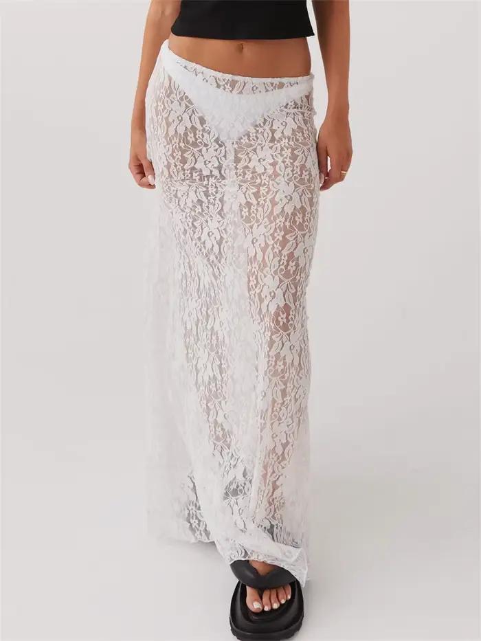 Jupe en dentelle polyester pour femmes, style Y2K, coupe régulière, longueur cheville, élégante, soirée sur la plage, été