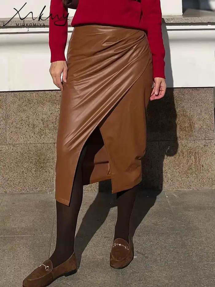 Jupe Fendue en Cuir PU Noir pour Femme