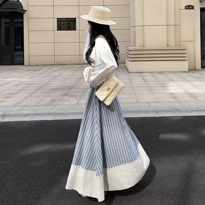 Jupe longue maxi évasée à rayures rétro japonaises pour femme
