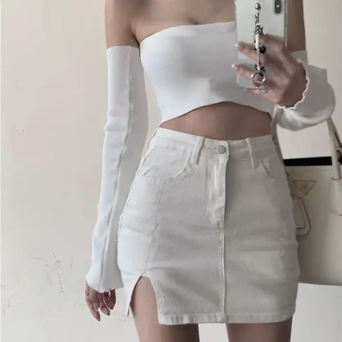 Jupe en jean vintage high-waisted fendue pour femmes, style coréen, mode courte, été, coupes ajustées, noir, bleu, blanc, gris