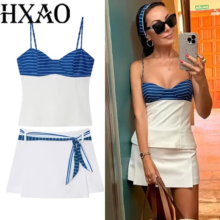 HXAO Bow rayure femmes jupe ensembles courts Patchwork Slip Corset haut