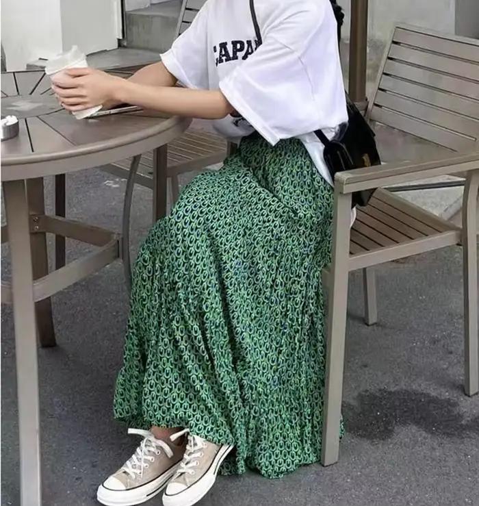 Jupe longue plissée vintage verte à imprimé géométrique pour femme