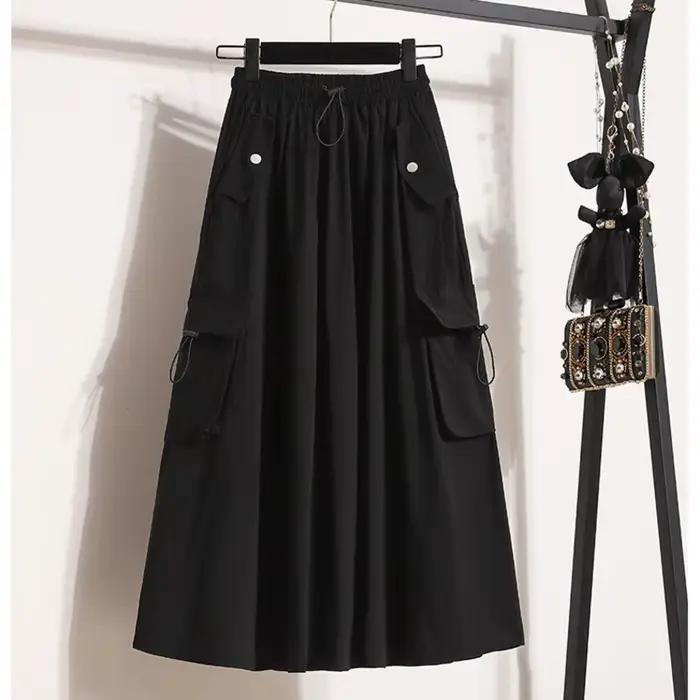 # Jupes cargo d'été 1708 pour femmes, jupes trapèze à poches latérales, jupes midi amples style streetwear, taille élastique, style français