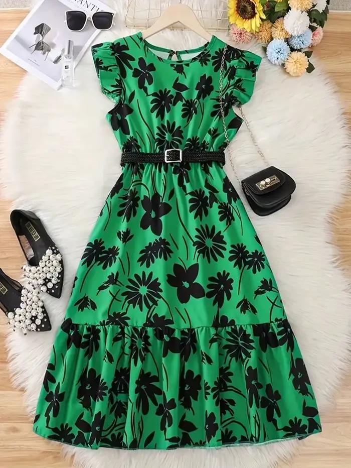 Jupe longue verte à fleurs chic pour adolescente avec ceinture - Décontractée