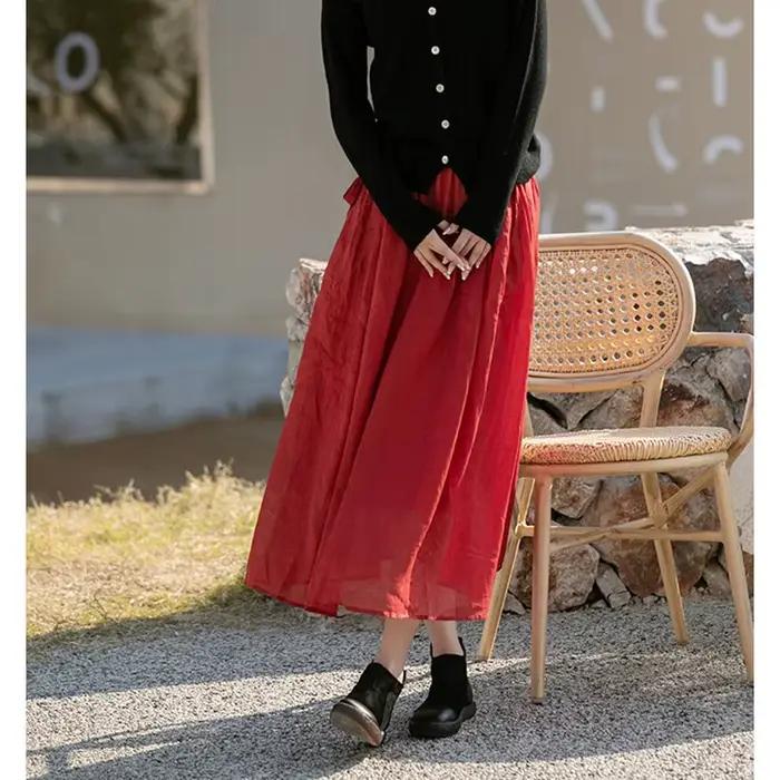 Jupe plissée A-Line pour femmes, mi-longue, décontractée, en coton et lin, polyvalente, pour été, avec poche, silhouette une ligne