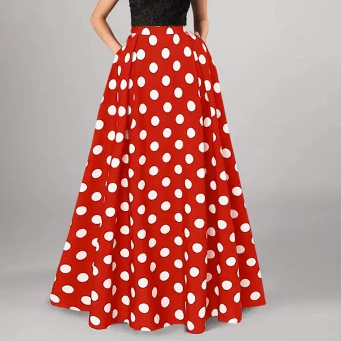 Jupe maxi a-ligne évasée imprimée à pois polyester pour femmes occasion spéciale trapèze vintage trapèze évasée silhouette trapèze évasée style rétro舒适版：穿上这款女士A字裙，你将体验到复古与现代的完美结合。无论是春夏季节，还是日常穿搭，它都能让你在各种场合中闪耀。宽松的A字剪裁搭配经典的波点图案，不仅彰显个性，更带来无与伦比的舒适感。适合婚礼、聚会、办公室或海滩度假等多种场景。选择这款复古风格的A字裙，让你在每个特殊时刻都成为焦点。