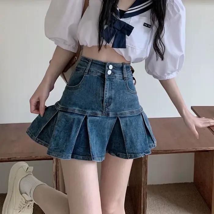 Jupes en jean à volants Gyaru pour femmes